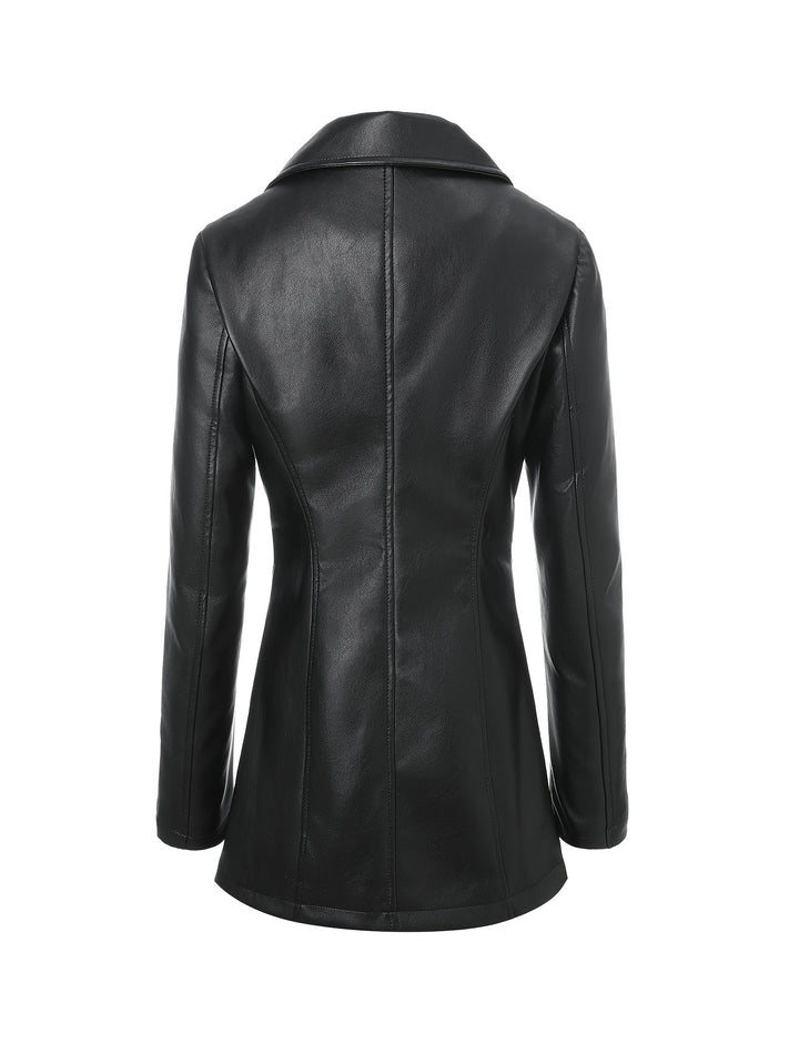 Atara – Eleganter PU- Ledermantel mit Revers & A-Linien-Schnitt