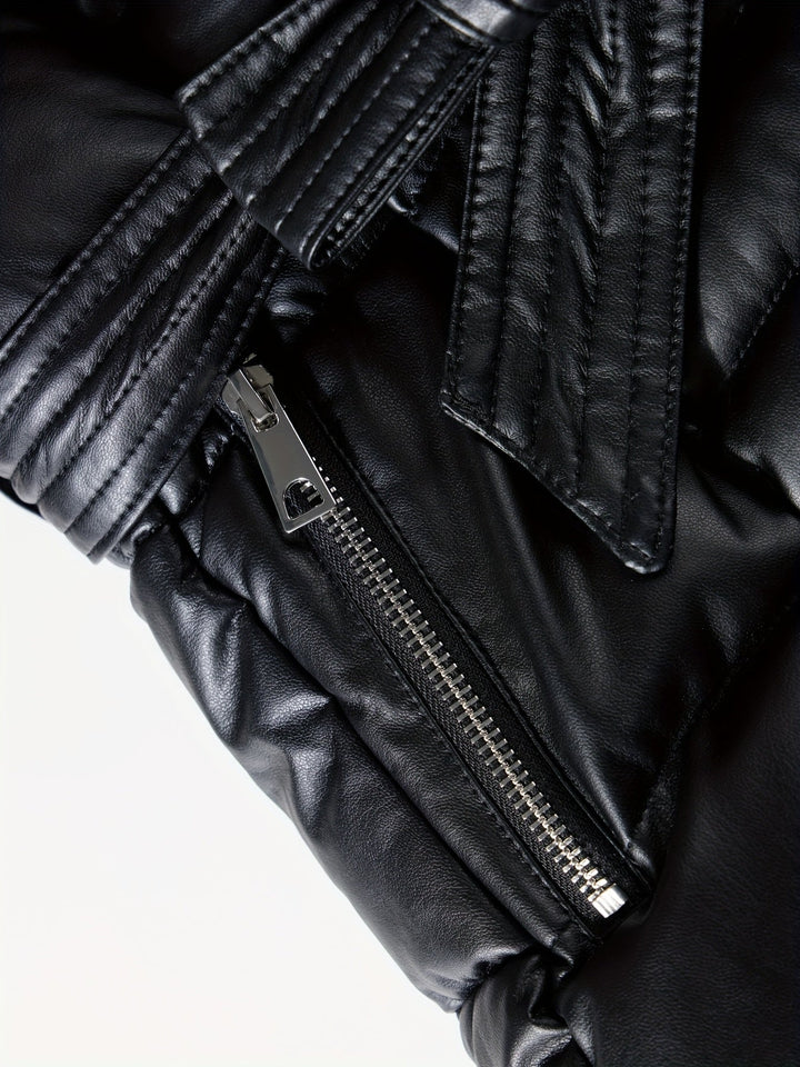 Ingrid – Elegante Damen- Lederjacke mit Kapuze aus Kunstfell und Gürtel-Detail