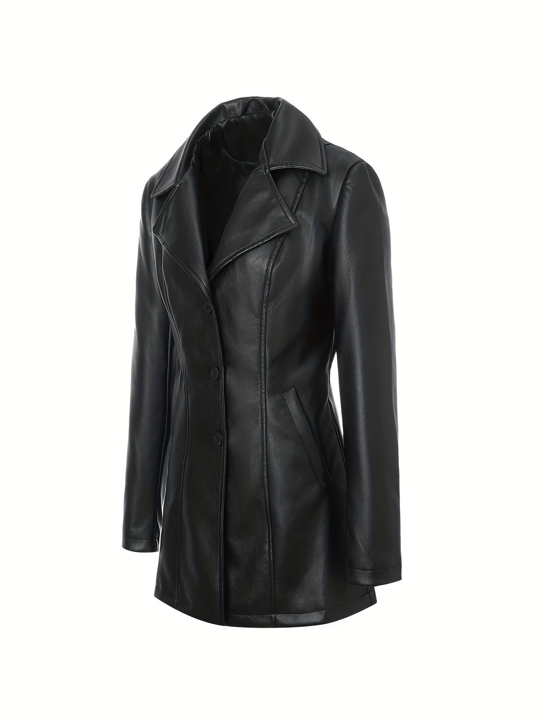 Atara – Eleganter PU- Ledermantel mit Revers & A-Linien-Schnitt