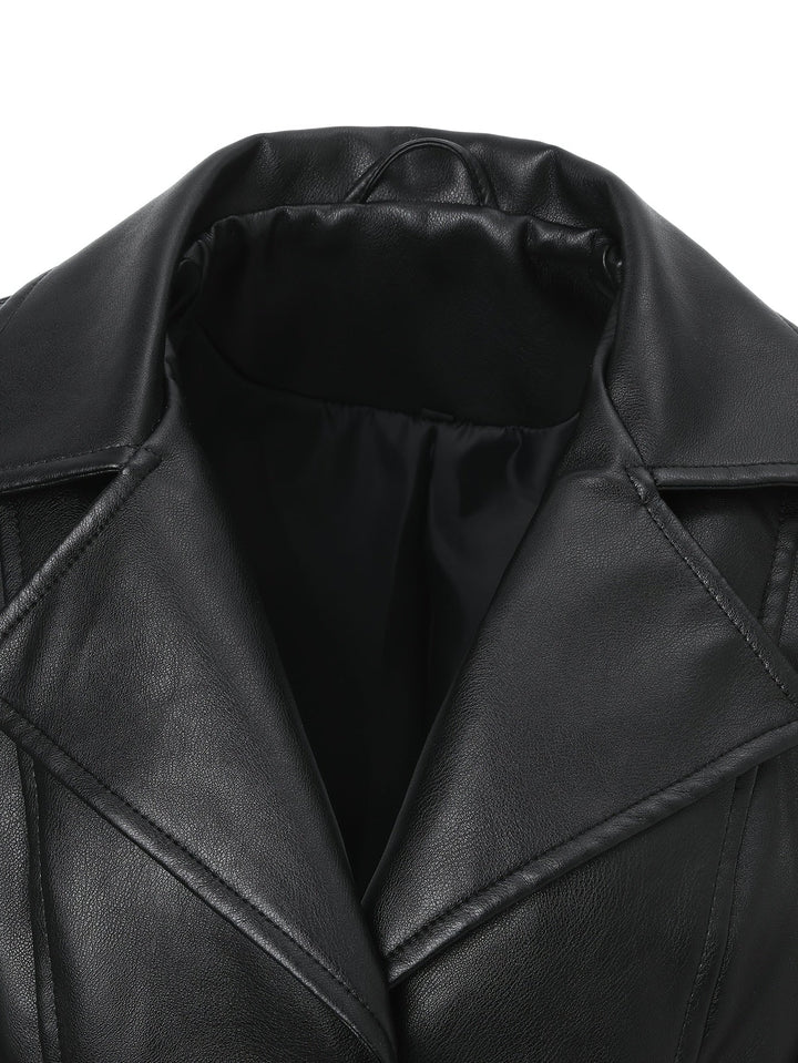 Atara – Eleganter PU- Ledermantel mit Revers & A-Linien-Schnitt