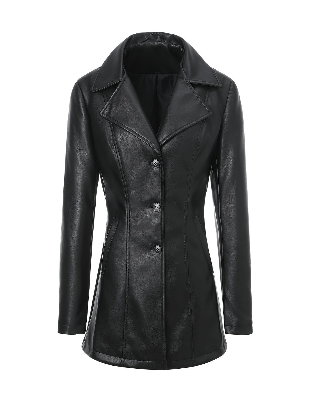 Atara – Eleganter PU- Ledermantel mit Revers & A-Linien-Schnitt