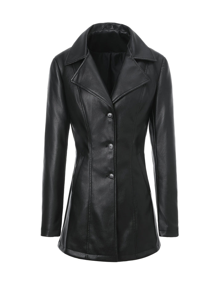 Atara – Eleganter PU- Ledermantel mit Revers & A-Linien-Schnitt