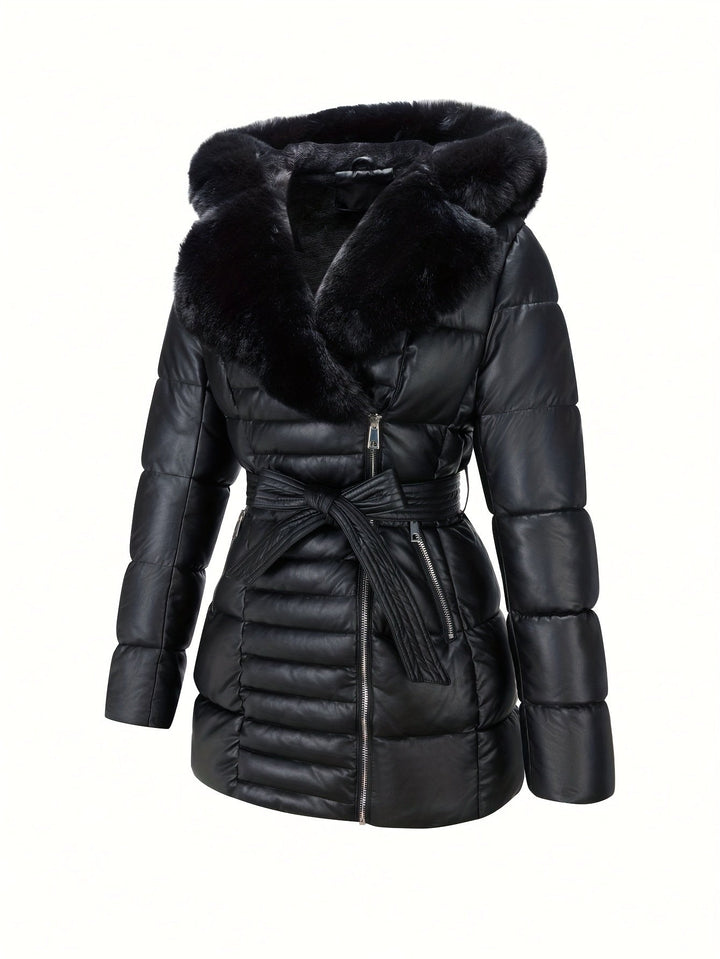 Ingrid – Elegante Damen- Lederjacke mit Kapuze aus Kunstfell und Gürtel-Detail
