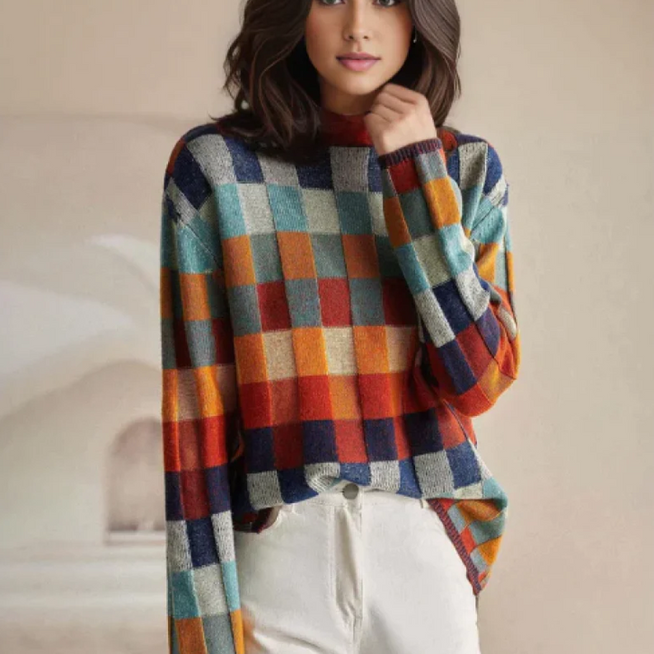 Adalynn | Bunter Rollkragenpullover mit Patchwork-Strickmuster